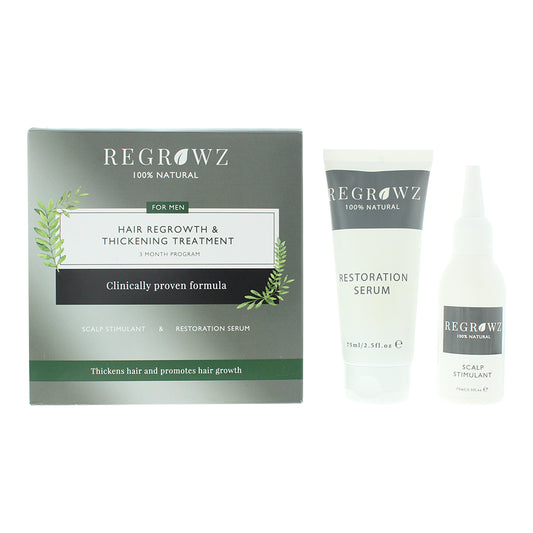 Regrowz Hair Regrowth & Thickening Treatment Three Month Program For Men - Scalp Stimulant 75ml - Restoration Serum 75ml - Comb