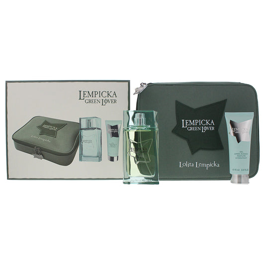 Lolita Lempicka Green Lover 3 Piece Set  Eau De Toilette 100ml Aftershave Gel 75ML Pouch