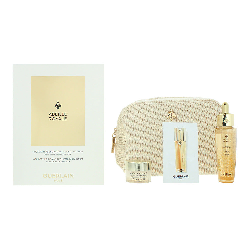 Guerlain Abeille Royale 3 Piece Gift Set: Day Cream 7ml - Oil In Water Serum 30ml - Renew & Repair Serum 7 x 0.6g + Case- Pouch