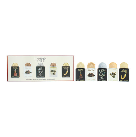 Lattafa Pride 5 Piece Gift Set: Artisan Ethnique Eau de Parfum 20ml - Natural Oud Eau de Parfum 20ml - Tharwah Silver Eau de Parfum 20ml - Eternal Oud