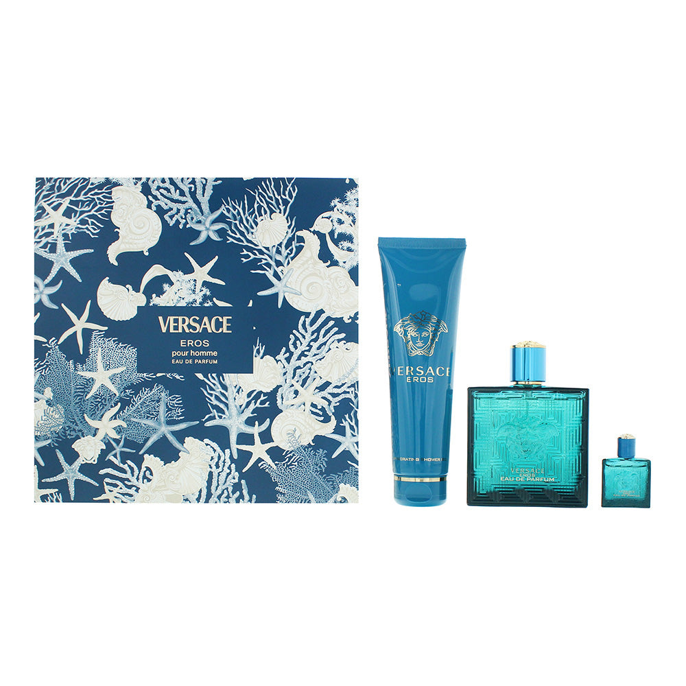 Versace Eros Pour Homme 3 Piece Gift Set: Eau de Parfum 100ml - Eau de Parfum 5ml - Bath & Shower Gel 150ml